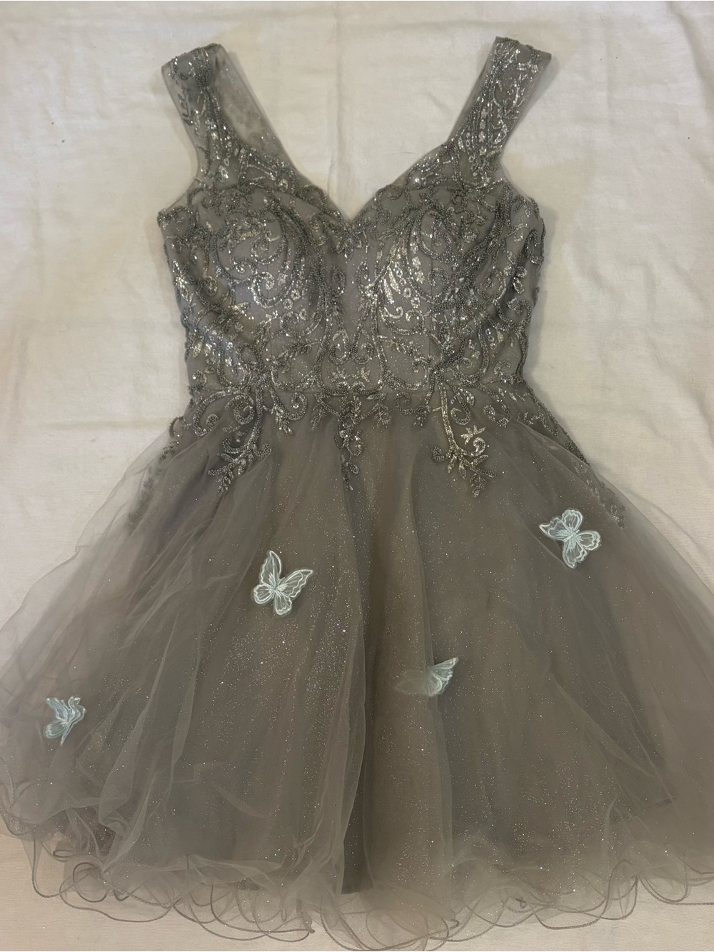 May Queen Couture Silver Glitter Tulle Homecoming Cocktail Dress MQ1984 Size 8